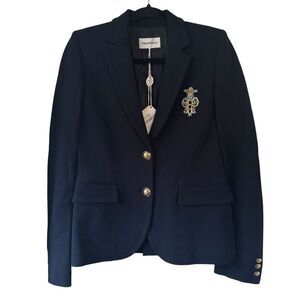 NWT EMILIO PUCCI navy blue viscose CREPE Embroidered logo Blazer Jacket 44 Large